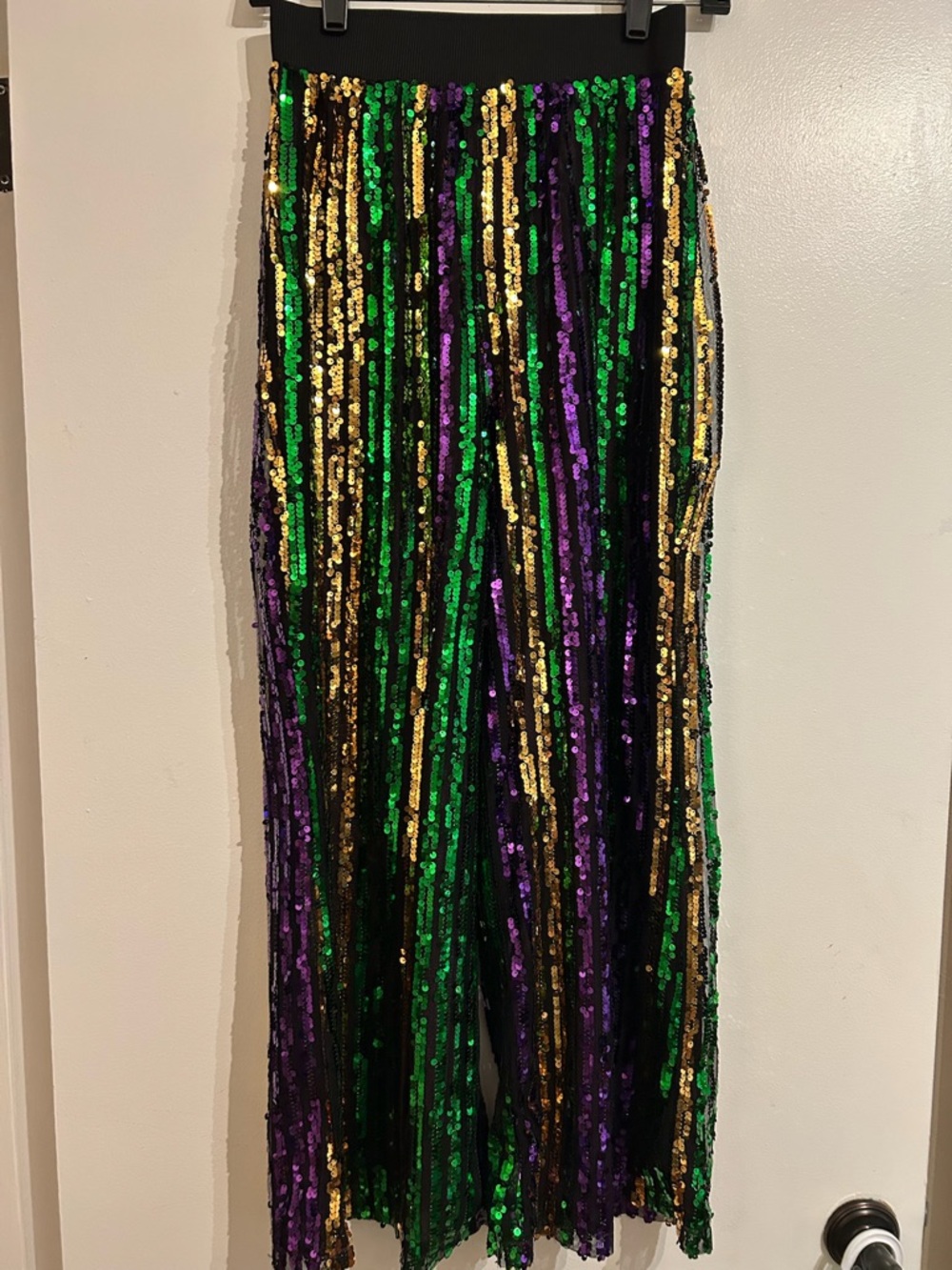 Sequined Mardi Gras Stripe Wide-Leg Pants - Purple, Green & Gold - Picture 3 of 5
